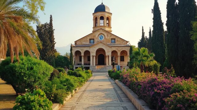 Old Church of the Beatitudes with beautiful gardens and serene pathway at sunset, Beautiful Old Church of the Beatitudes Dolly Shot
