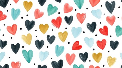 A colorful pattern of watercolor hearts with black polka dots on a clean white background creates a cheerful design