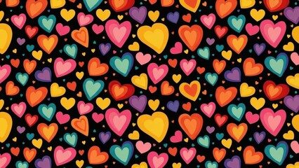A vibrant and colorful pattern of overlapping hearts in various shades fills the entire frame creating a cheerful design