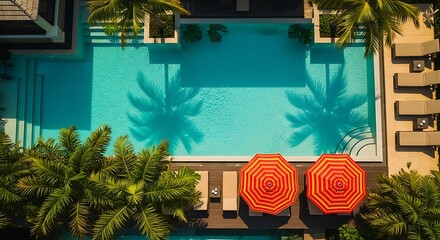 Inviting above ground swimming pool surrounded by lush greenery and orange loungers