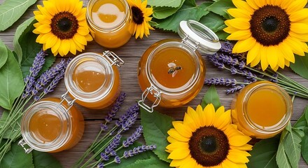 Golden honey jars surrounded by vibrant sunflowers and lavender blooms overhead view