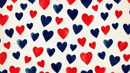 A whimsical pattern of scattered red and dark blue hearts on a clean bright white background