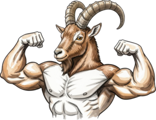 Muscular goat flexing its muscles with confidence and strength isolated on transparent background