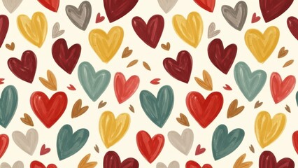 A charming pattern of colorful hearts in shades of red yellow teal and gray on a white background