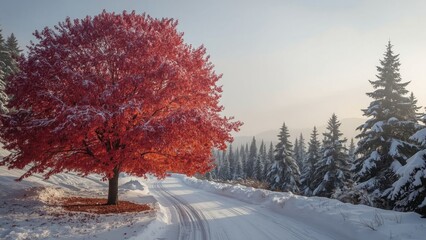 Autumn tree with red leaves beside a snow-covered road in a winter forest scene.