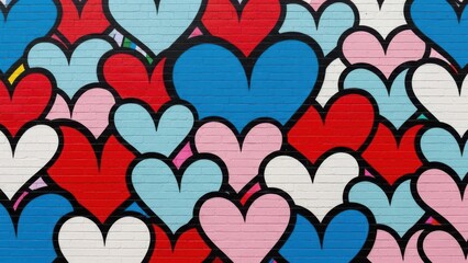 A vibrant and colorful wall mural features a repeating pattern of hearts in various shades