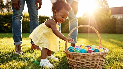 African American toddler girl on an Easter egg hunt with her family. A cute baby plays with a basket of colorful eggs on a sunny lawn. Spring holiday celebration - Powered by Adobe