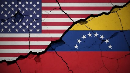 Political and economic tensions are visualized through cracked flags of the United States and Venezuela, symbolizing the strained relationship between these two nations.