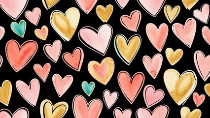 A seamless pattern of watercolor hearts in shades of pink gold and teal against a black background