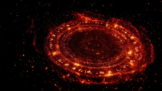 Glowing mystical magic circle with mysterious symbols in fiery red aura