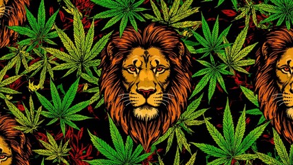 A pattern with lion faces and cannabis leaves.