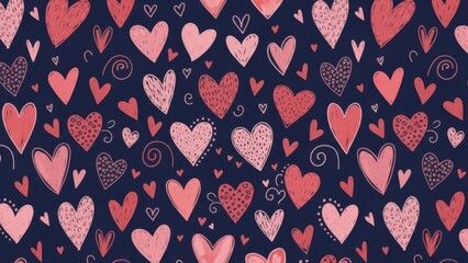 A charming and vibrant pattern of hand drawn hearts in shades of pink and red on a dark blue background