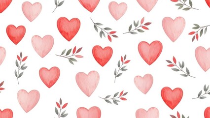 A charming watercolor pattern featuring various shades of red and pink hearts with delicate leafy sprigs