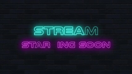 Neon STREAM STARTING SOON Sign Glowing Against Dark Brick Wall Perfect for Gamers Streamers and Live Events starting soon neon