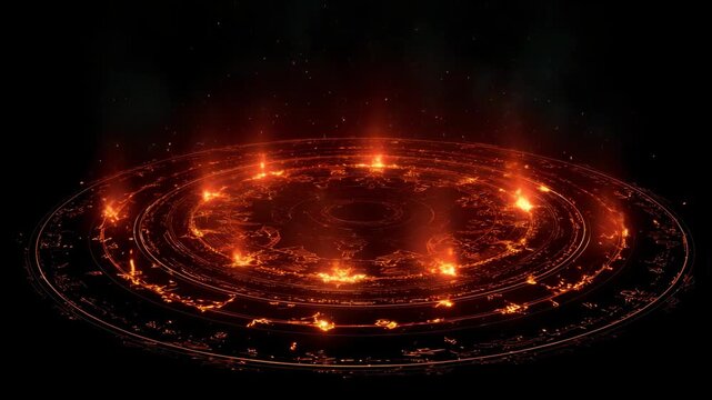 Mysterious glowing magic circle with fiery symbols and dark background