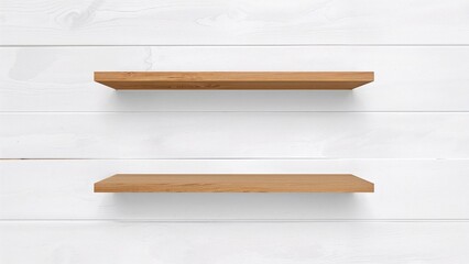 Two wooden shelves mounted on a white wall, one positioned above the other with no objects on them.
