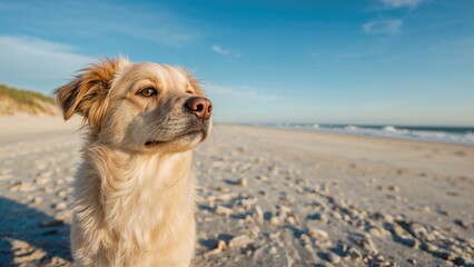 A dog on the beach during daytime with clear sky and sand, capturing a serene and peaceful moment.