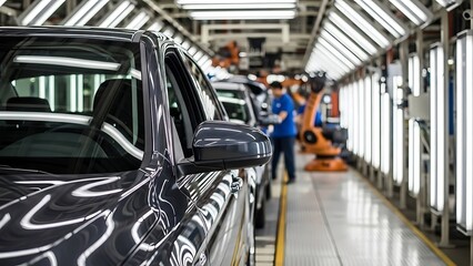 cars on assembly line in a factory production facility
