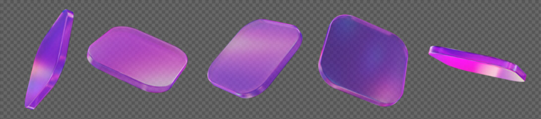 3d glass transparent rectangle with rounded angles, podium or shape element with different angles. Holographic square figure. Y2k neon abstract element. Stock vector illustration on isolated bg