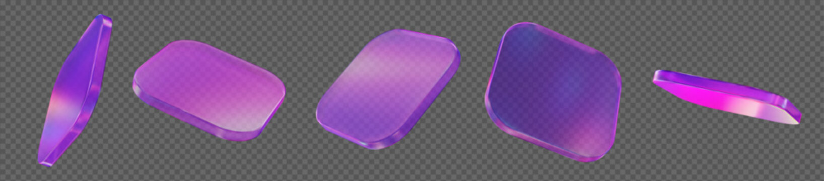 3d glass transparent rectangle with rounded angles, podium or shape element with different angles. Holographic square figure. Y2k neon abstract element. Stock vector illustration on isolated bg