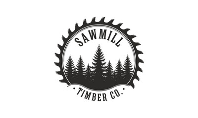 Sawmill Timber Co. Logo with Forest and Saw Blade Design.