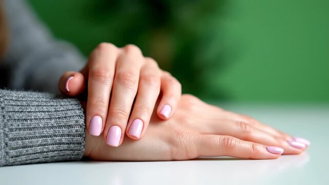 Closeup of womans hands with pink nails on white surface with green background