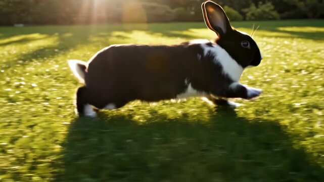 A cute black and white rabbit running in slow motion on green grass. A domestic bunny hopping in a sunny garden at sunset. Happy Easter animal concept