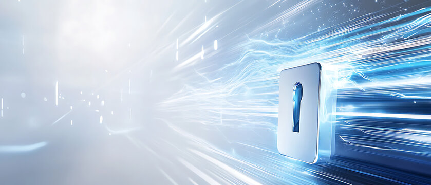 Abstract cybersecurity artwork featuring arctic white and electric blue colors, sleek metallic 3D standing lock with subtle platinum highlights, clean futuristic digital background, ultra-fine details