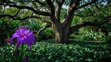 A large tree in a lush garden with vibrant purple flowers and dense green foliage.