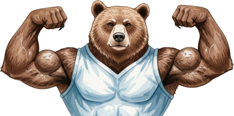 Muscular brown bear flexing arms in blue tank top isolated on transparent background