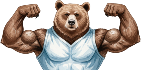 Muscular brown bear flexing arms in blue tank top isolated on transparent background