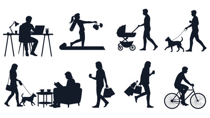 Silhouette illustrations of people engaging in daily activities and leisure with work and exercise and relaxation and commuting and walking