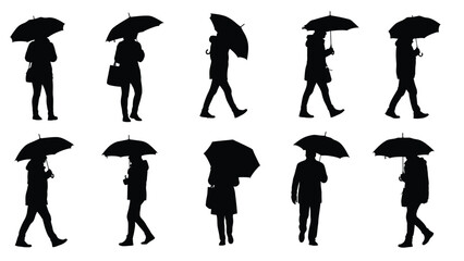 Obraz premium Set of silhouetted people walking with umbrellas in various poses on white background vector illustration with rainy day and graphic design