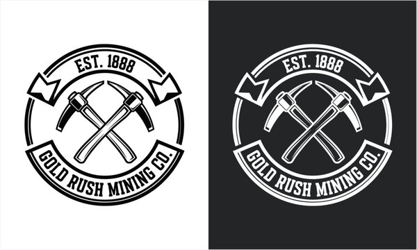Vintage Gold Rush Mining Company Emblem with Crossed Pickaxes.