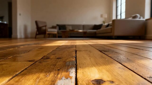 Medium shot capturing reclaimed wood flooring with natural texture and patina emphasizing durability and environmental benefits in modern living spaces.