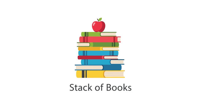 A colorful stack of books with a red apple perched on top