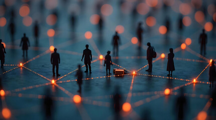 network of people: silhouettes connected by lights representing social connections