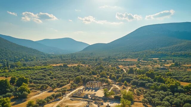 Aerial view of Epidauros village in Greece surrounded by mountains and olive groves during a sunny day, Aerial view of the village Epidauros in Greece on a sunny day