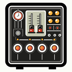 Fototapeta premium Title: A detailed of a vintage electronic control panel with multiple buttons switches and dials