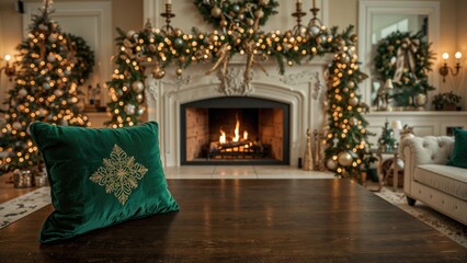 Cozy Christmas living room with fireplace, decorated with Christmas trees, lights, and holiday ornaments, featuring a green pillow with a snowflake pattern.