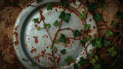 Rusty metal tray with green ivy vines growing on and around it, placed on a weathered surface.