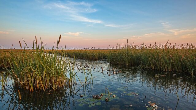 Wetlands with tall grasses and water, under a partly cloudy sky during sunset or sunrise.