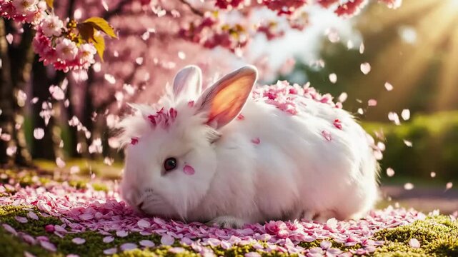 A cute white Easter bunny sits in a shower of falling pink petals. Adorable fluffy rabbit in a spring garden with cherry blossoms. Slow motion animation for the Easter holiday