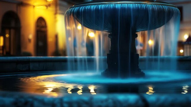 Cinematic tilt shot of Fiumi Fountain in Rome showcasing water features and ambient lighting at dusk, Cinematic Tilt Shot Of Fiumi Fountain In Rome