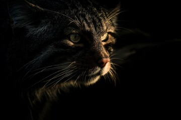 Close-up of a cat with dramatic lighting. Explore feline beauty, striking eyes, and expressive whiskers in this captivating portrait.