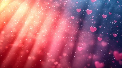 Diagonal light rays shine through sparkling particles and numerous floating pink hearts