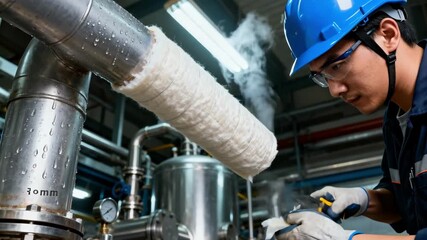 Industrial worker installing fiberglass insulation sleeves on steam pipes focusing on precision and temperature regulation in a processing facility.