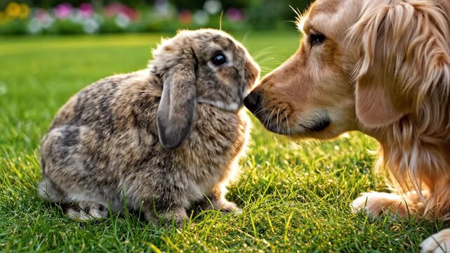 A golden retriever dog and a cute lop-eared rabbit interacting on a green lawn. The dog gently sniffs the bunny in a display of interspecies friendship. Cute pets together outdoors