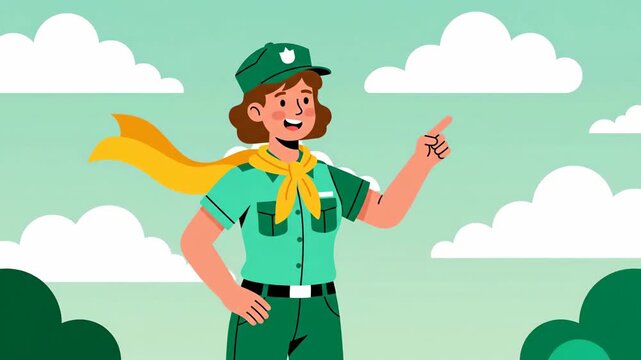 Cheerful Girl Scout Explaining Outdoors Adventure In Green Background Cartoon Style Video
