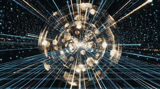 Abstract motion graphic loop featuring glowing geometric data structures and moving digital grids representing complex engineering calculations science, coding, structures